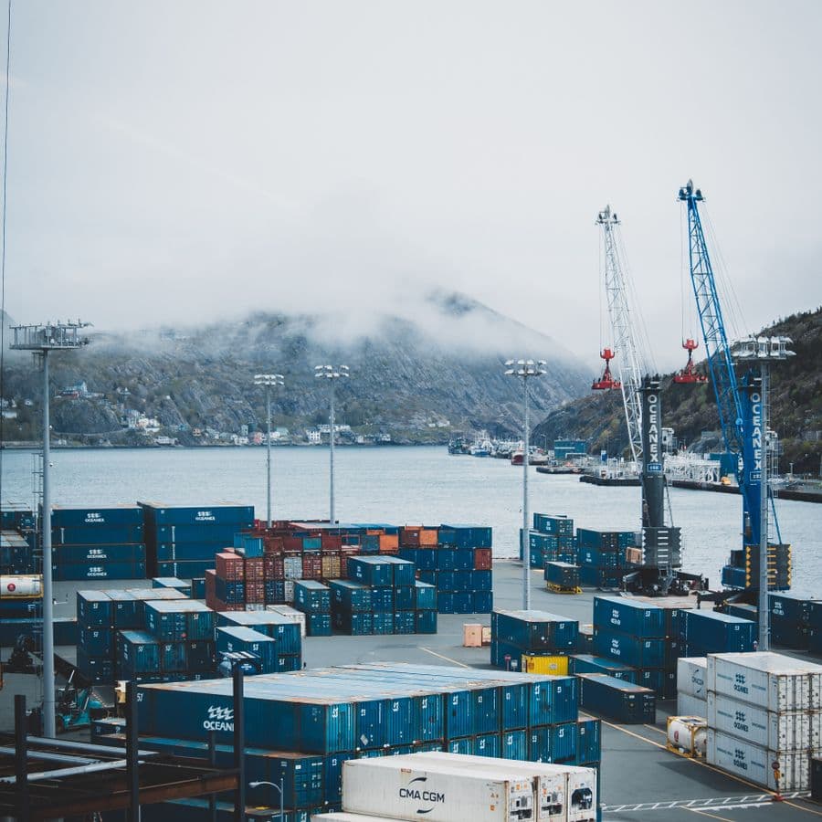 Cargo containers and cranes at an international shipping port