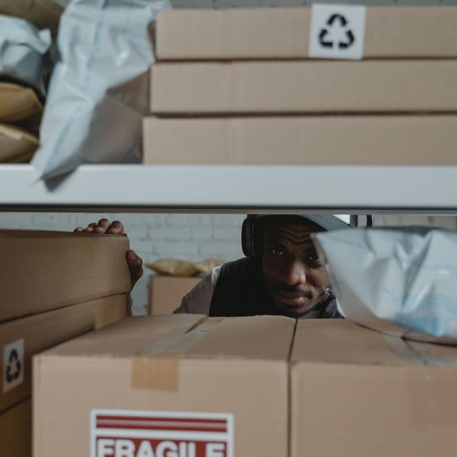 Warehouse specialist inspecting export parcels and inventory