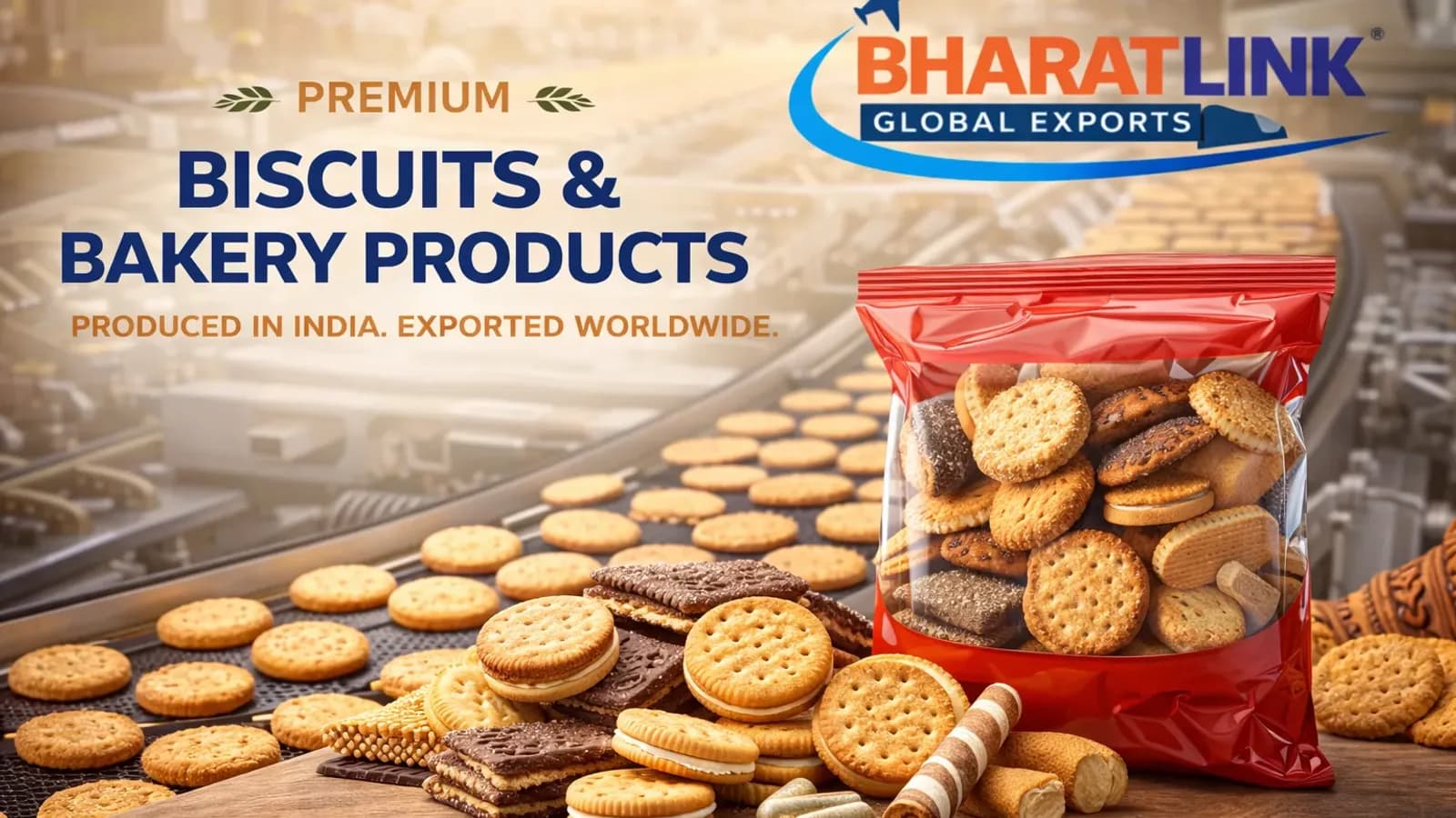 Assorted export-quality biscuits and bakery products