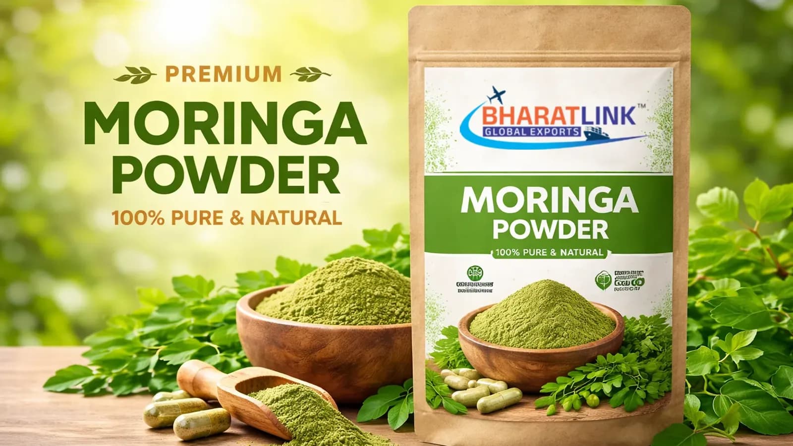 Fresh moringa leaves and green moringa powder